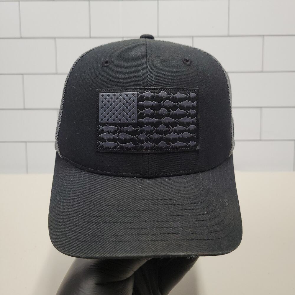 Columbia PFG Flexfit Black Mesh Trucker Hat Fish American Flag Patch S/M